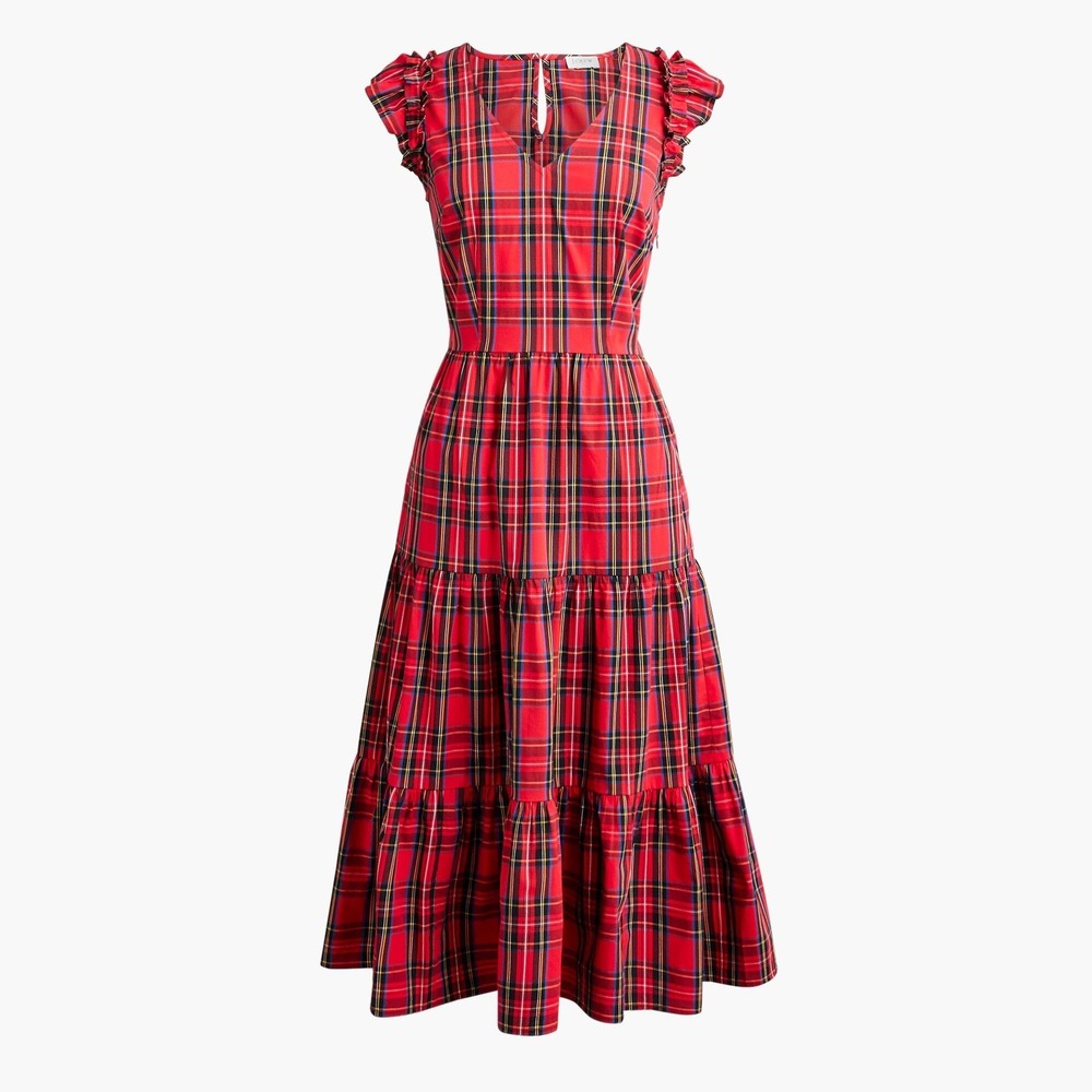 J.Crew Plaid Maxi Dress Womens 0P Red Tartan Ruffle Tiered BV795 Preppy Holiday